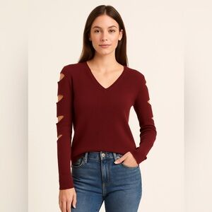 Filoro 100% Cashmere Cutout Sleeve Sweater XS Burgundy V-Neck Soft Luxury Money